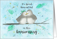 Happy Anniversary MUM and Dad, Cute Cartoon Lovebirds on Limb card