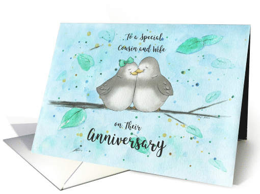 Happy Anniversary Cousin and Wife, Cute Cartoon Lovebirds on Limb card