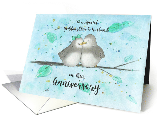 Happy Anniversary Goddaughter and Husband, Cute Cartoon Lovebirds card