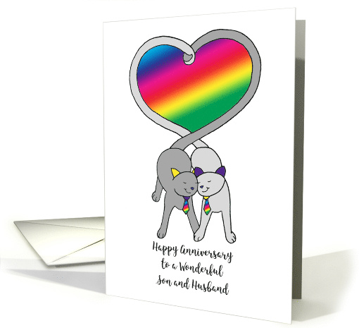 Gay Happy Anniversary Son and Husband Cute Cats Rainbow Heart card