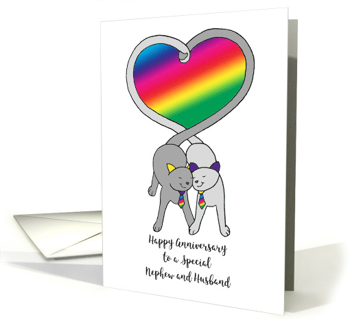 Gay Happy Anniversary Nephew and Husband Cute Cats Rainbow Heart card