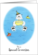 Happy Birthday Special Co-worker, Polar Bear in Water Holding Cake card