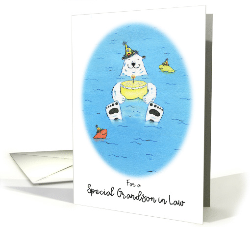 Happy Birthday Grandson in Law, Polar Bear in Water Holding Cake card
