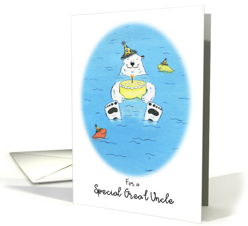 Happy Birthday Great Uncle, Polar Bear in Water Holding Cake card