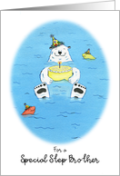 Happy Birthday Special Step Brother, Polar Bear in Water Holding Cake card