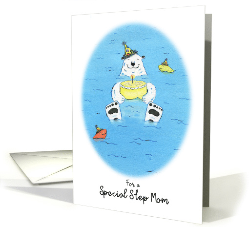 Happy Birthday Special Step Mom, Polar Bear in Water Holding Cake card