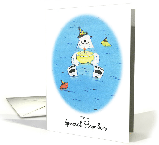 Happy Birthday Special Step Son, Polar Bear in Water Holding Cake card