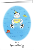 Happy Birthday Special Lady, Polar Bear in Water Holding Cake card