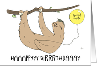 Special Uncle Birthday Humorous Slow Speaking Sloth with Balloon card