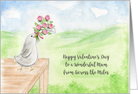 Cheerful Valentine Across Miles for MUM Cute Bird Delivering Roses card