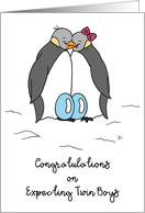Congratulations on Expecting Twin Boys Cute Penguin Couple Blue Eggs card