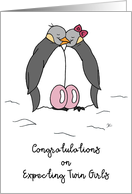 Congratulations on Expecting Twin Girls Cute Penguin Couple Pink Eggs card