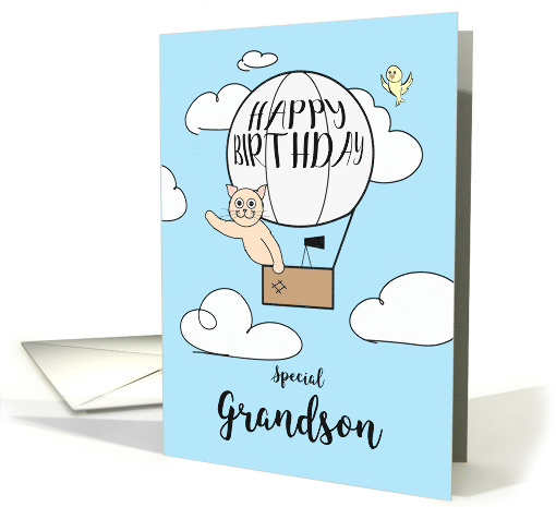 Grandson Birthday Across the Miles Cute Cat in Hot Air Balloon card