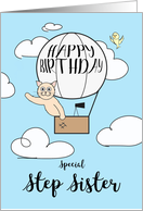 Step Sister Birthday Across the Miles Cute Cat in Hot Air Balloon card