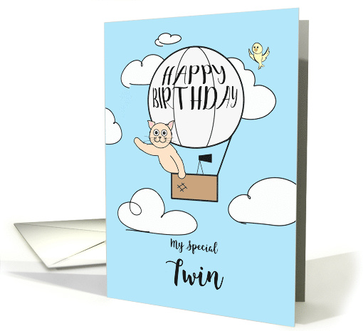 My Twin Birthday Across the Miles Cute Cat in Hot Air Balloon card