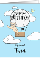 My Twin Birthday Across the Miles Cute Cat in Hot Air Balloon card