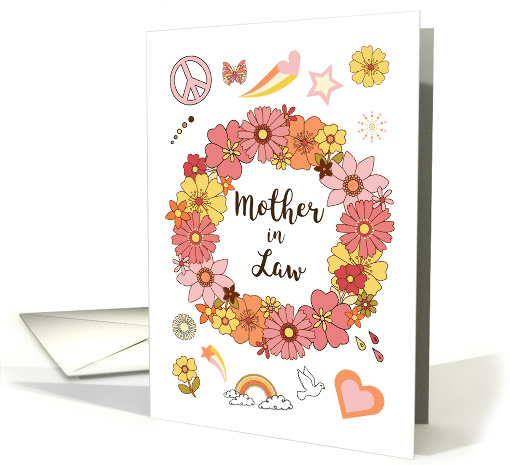 Mother in Law Mother's Day Retro Peace and Love with Pink Flowers card