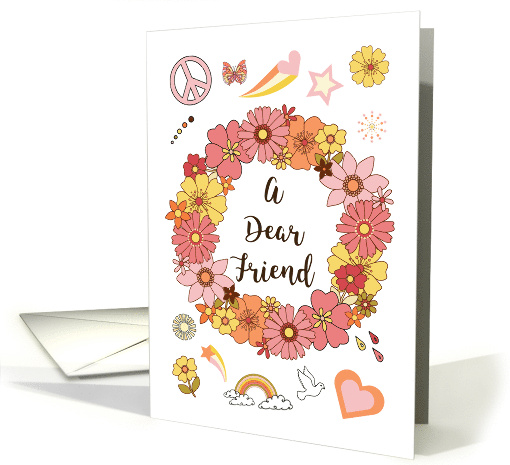 Friend Mother's Day Retro Peace and Love with Pink Flowers card