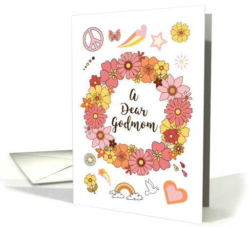 Godmom Mother's Day Retro Peace and Love with Pink Flowers card