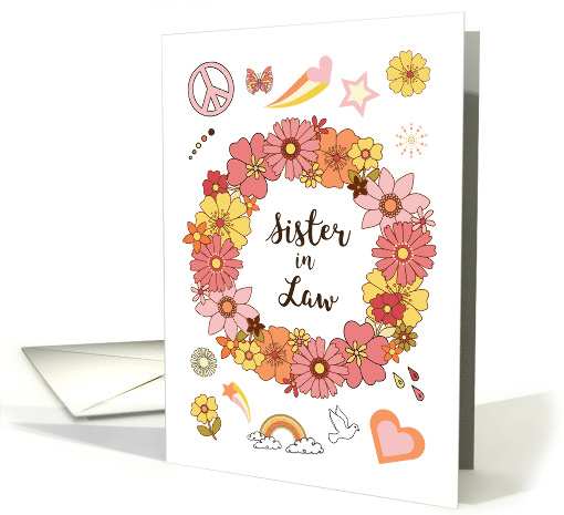 Sister in Law Mother's Day Retro Peace and Love with Pink Flowers card