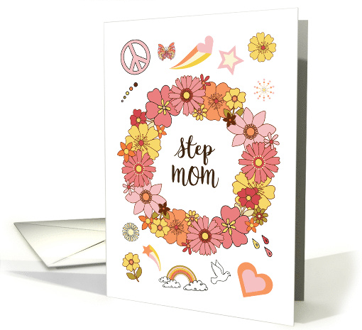 Step Mom Mother's Day Retro Peace and Love with Pink Flowers card