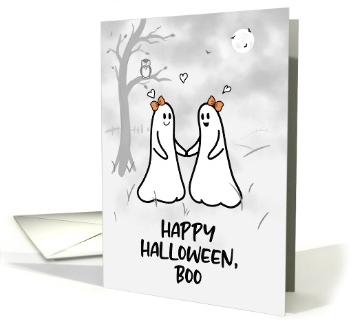Lesbian Romantic Halloween with Cute Ghost Couple Holding Hands card