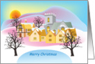 Merry Christmas-village with church at sunset card