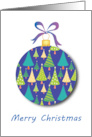 A Merry Christmas Card with Blue Bauble and a Bow and Fir Trees card