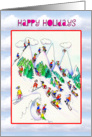 Happy Holidays- Christmas- skiers and Toboggan card
