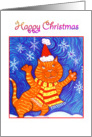 Happy Christmas- cat in hat plays with snowflakes card