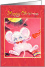 Happy Christmas, cute white mouse tugging christmas cracker card