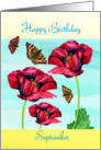 Happy Birthday- September red poppies and butterflies card