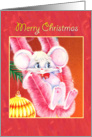 Merry Christmas-cute white mouse swinging on tinsel card