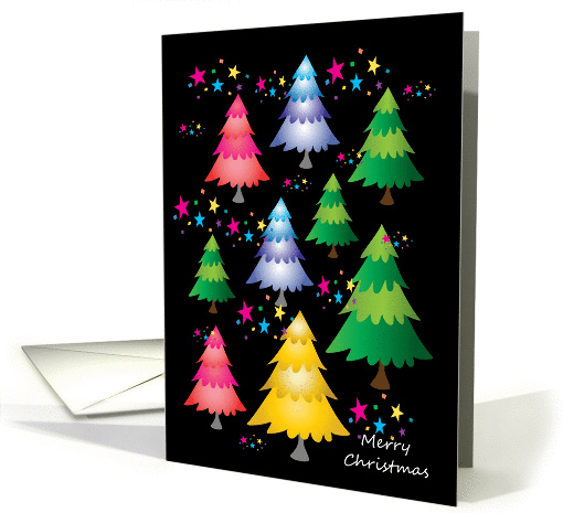 Merry Christmas multicolored holiday fir trees with stars. card