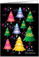 Merry Christmas multicolored holiday fir trees with stars. card