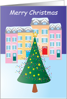 Merry Christmas- tree with stars and houses card