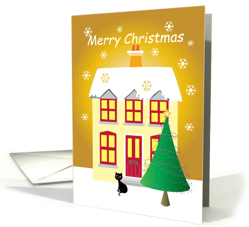 Merry Christmas- tree with stars and a cat in front of a house card
