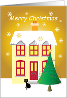 Merry Christmas- tree with stars and a cat in front of a house card