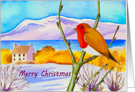 A Merry Christmas Card with Robin Redbreast Cottage Snowy Mountain card