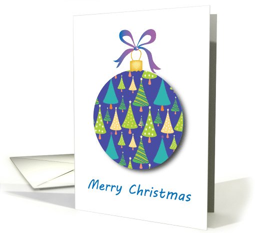 A Merry Christmas Card with Blue Bauble and a Bow and Fir Trees card