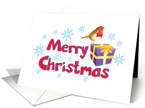 A Merry Christmas Card with a Robin Redbreast a Gift Box Present card