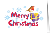 A Merry Christmas Card with a Robin Redbreast a Gift Box Present card