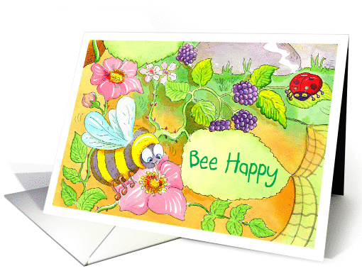 Bee Happy honey bee with flowers card (936552)