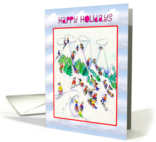 Happy Holidays- Christmas- skiers and Toboggan card (939944)