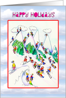 Happy Holidays- Christmas- skiers and Toboggan card