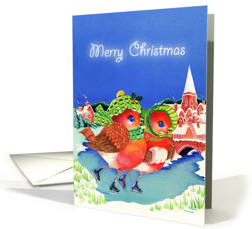 Merry Christmas- skating Robins card (940020)