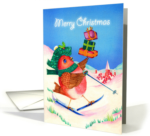 Merry Christmas- Robin on skis with tartan hat and presents card