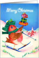 Merry Christmas- Robin on skis with tartan hat and presents card