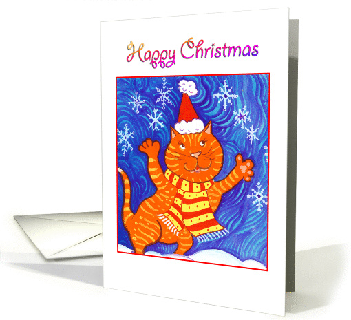 Happy Christmas- cat in hat plays with snowflakes card (941249)