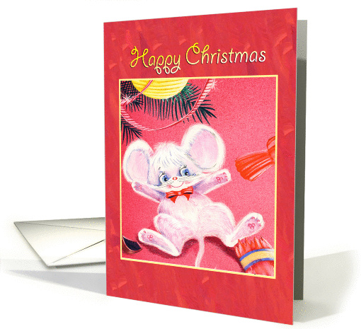 Happy Christmas, cute white mouse tugging christmas cracker card